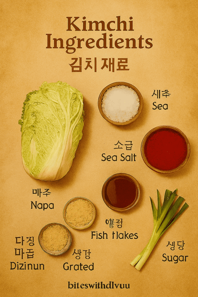 โInfographic showing traditional Korean Kimchi ingredients with bilingual labels in English and Korean. Includes napa cabbage, sea salt, gochugaru (Korean chili flakes), garlic, ginger, fish sauce, sugar, and scallions. Styled with warm tones and branded for biteswithdivuu.โ
