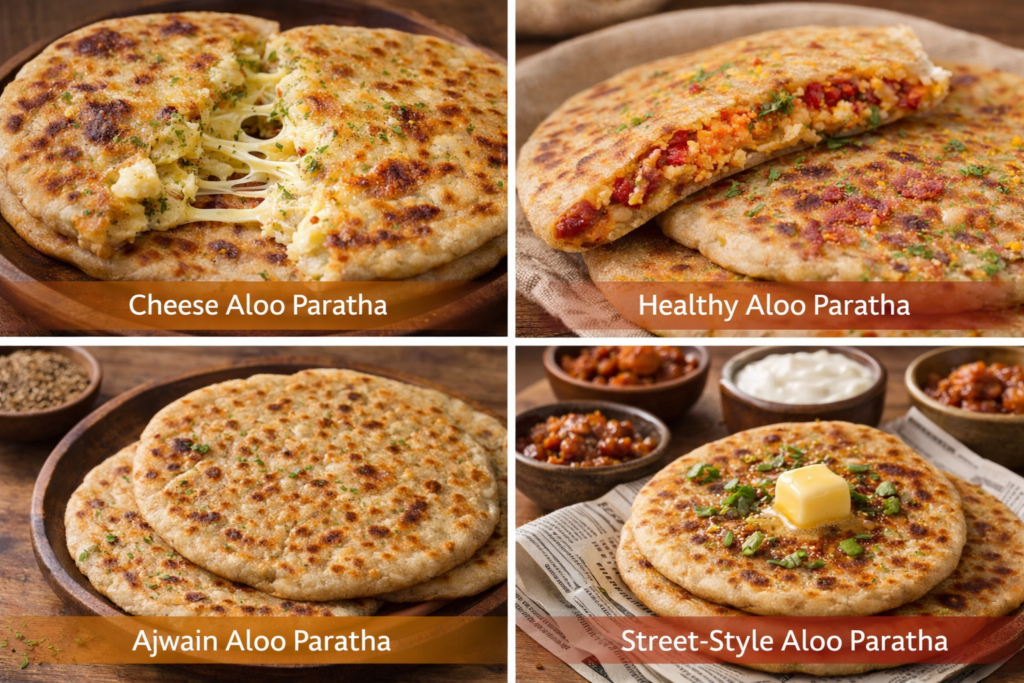 Aloo paratha variations – cheese, healthy, ajwain, and street-style.