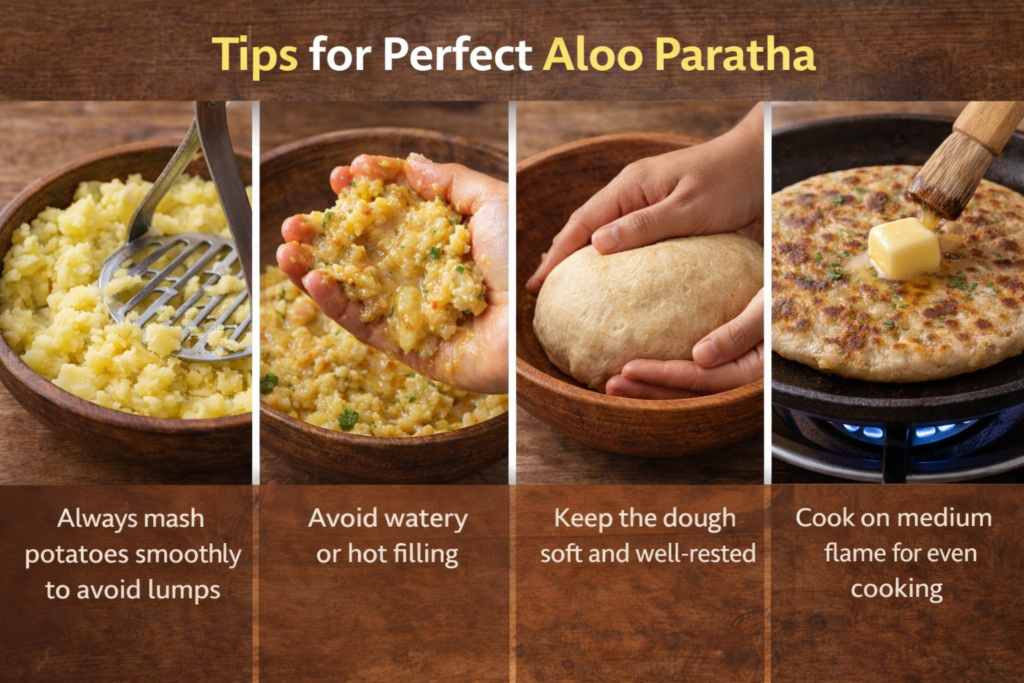 Realistic food photography collage showing expert tips for perfect aloo paratha including smooth mashed potatoes, non-watery filling, soft dough, medium flame cooking, and butter for flavor.